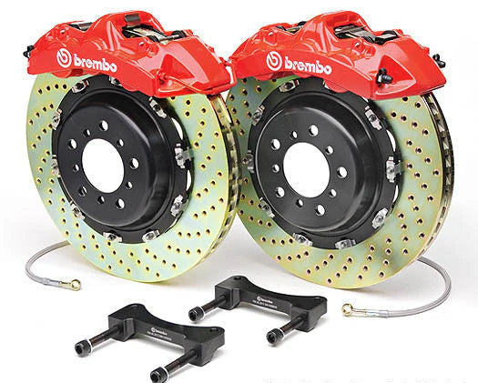 Brembo brake system with red calipers on a white background